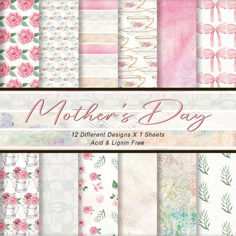 12pcs Mother's Day Themed Scrapbook Paper, Floral Rose Design, Decorative Craft Paper For Scrapbooking, Card Making, Junk Journals, Albums & DIY Crafts, Mother's Day Gift