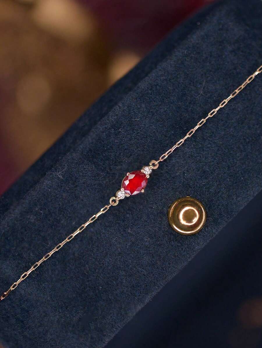 1 szt. S925 Srebro Sterlingowe Spersonalizowana Wszechstronna Elegancka Owalna Czerwona Cyrkonia Dekoracja Łańcuszkowa Bransoletka, Nadaje Się Do Codziennego Noszenia Kobiet I Jako Prezent Świąteczny