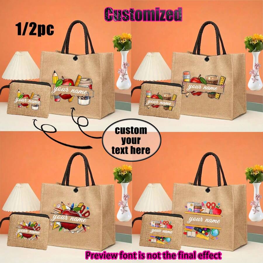 Regalo personalizado para maestros con impresión de nombre personalizado | Conjunto de bolsa de compras reutilizable de lino caqui y yute, y billetera | Detalles en metal negro para la Semana de la Enfermera/Día de la Madre/Apreciación a Maestros | Bolso multiuso para la playa y organizador de viaje