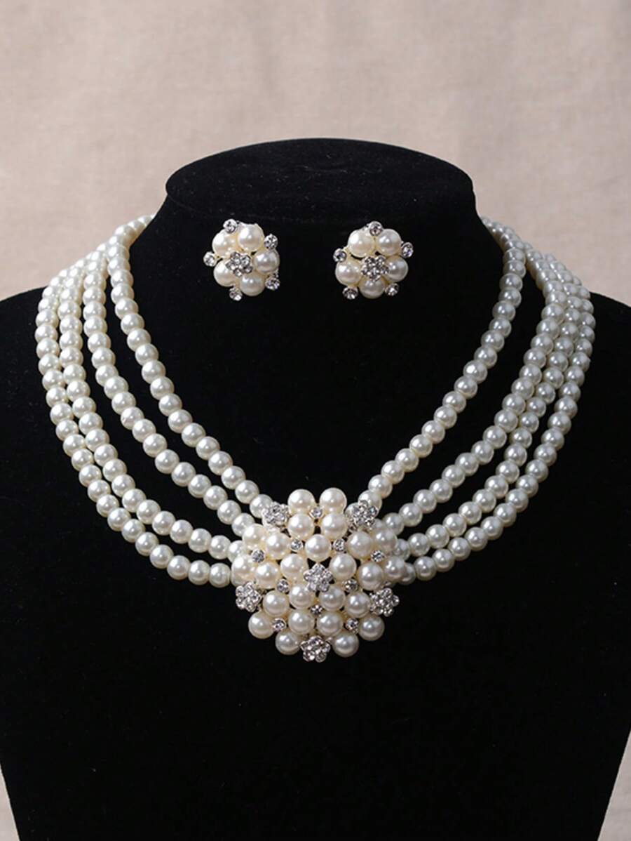 Fashion Rhinestone Flower & Pearl Necklace With Matching Clip-On Earrings Set