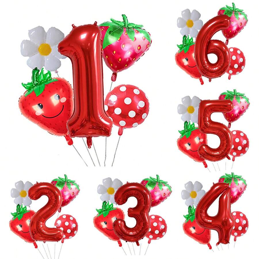 5pcs 32 Inch 1-9 Red Number Strawberry Foil Balloon Set, Strawberry Theme Birthday, Anniversary, Wedding Anniversary, Party Decoration Foil Balloons