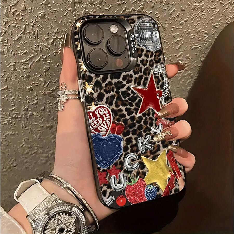 1 pieza Funda de teléfono personalizada con diseño de estrella leopardo IMD, compatible con iPhone 16 ProMax, 15/14 Plus, 13, 12, 11, cubierta de teléfono protectora única