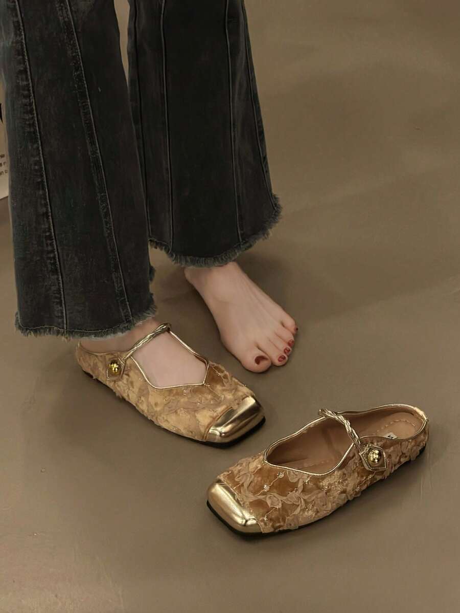 2025 Novo Decoração de Flor Mules Macios para Mulheres, Sandálias Planas Tipo Slip-On, Mocassins Sem Parte Traseira Elegantes e Versáteis