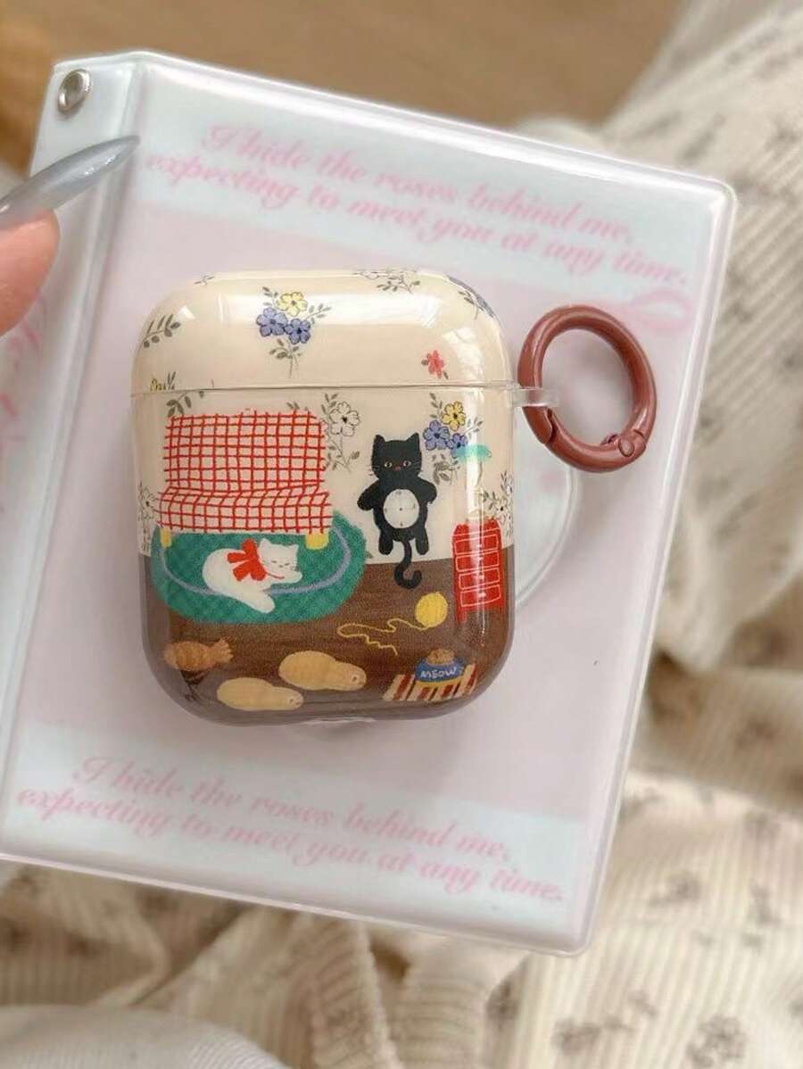 Retro Ditsy Floral Cat Pattern Premium Protective Case Compatible With 1/2, 4 Silicone Earphone Cover, Pro, Apple Wireless Bluetooth 3 Headphone Box