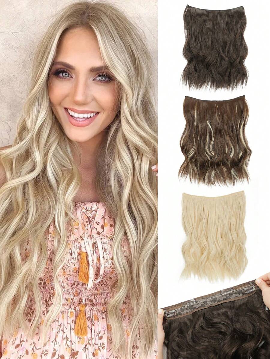 Extensions de cheveux invisibles en fil synthétique ondulé avec un fil transparent de taille ajustable, 4 clips de fixation sécurisés. Rajouts de cheveux pour femmes à usage quotidien.