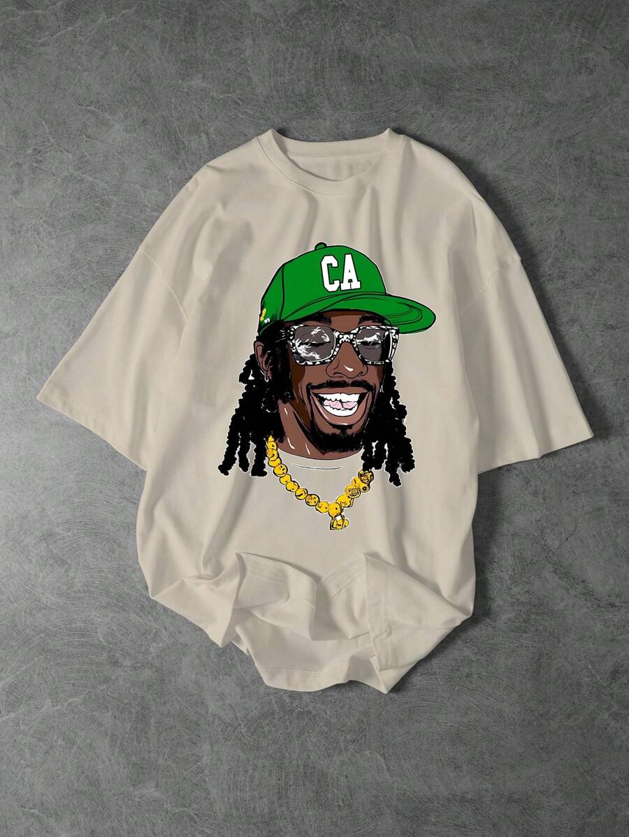 Shwiy Men's Street Hip Hop Rapper Graphic Printed Short Sleeve White T-Shirt, Suitable For Music Festival, Everyday Wear, School, Gift, Band