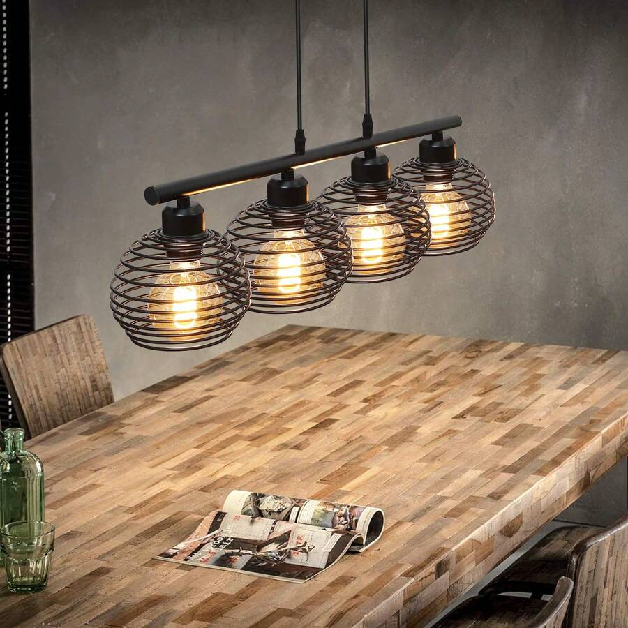 Hanglamp Eettafel Vintage Hanglamp - Zwarte Metalen Eettafellamp E27 Fitting Retro Hanglamp Industrieel Design Restaurantlamp 4-Lichts Lente Hanglamp Voor Eetkamer En Keuken.