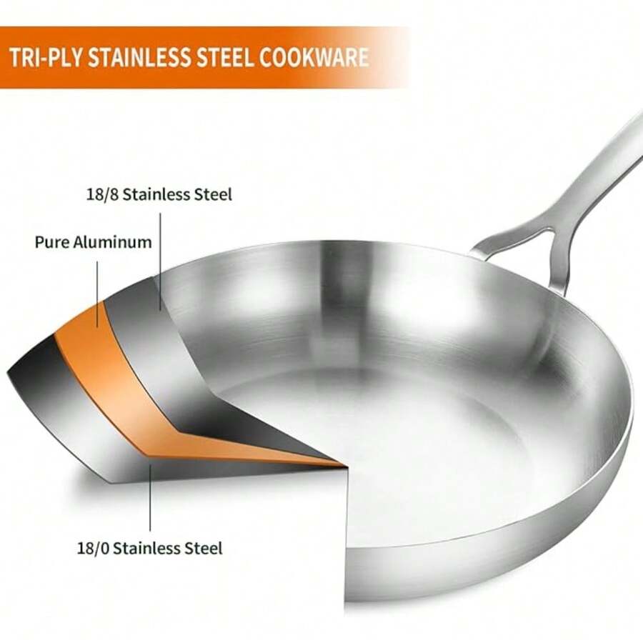 10inch Tri-Ply Stainless Steel Pan With Lid, Induction Stainless Steel Frying Pan With Lid, Oven Safe Skillet 10in, Heat Quickly And Evenly, Durable Stainless Steel Cookware