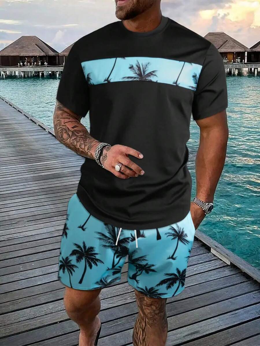 2pcs Men's Casual Summer Fashion Set - Comfortable Polyester Mesh T-Shirt And Palm Tree Print Drawstring Shorts