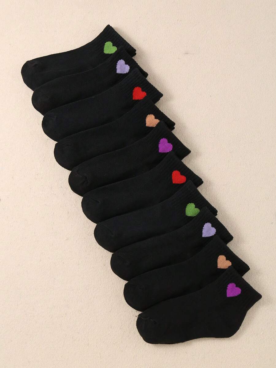 10 pares de calcetines de tobillo con bordado de corazón para niños - Calcetines casuales del Día de San Valentín para niños y niñas, negro y talla grande
