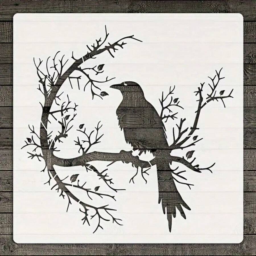 1pc Large-Sized Raven Silhouette On Branch Painting Stencil, Reusable DIY Art Template For Wall, Fabric, Home Decor, Plastic Template, Crafts & Sewing Supplies, PET Material