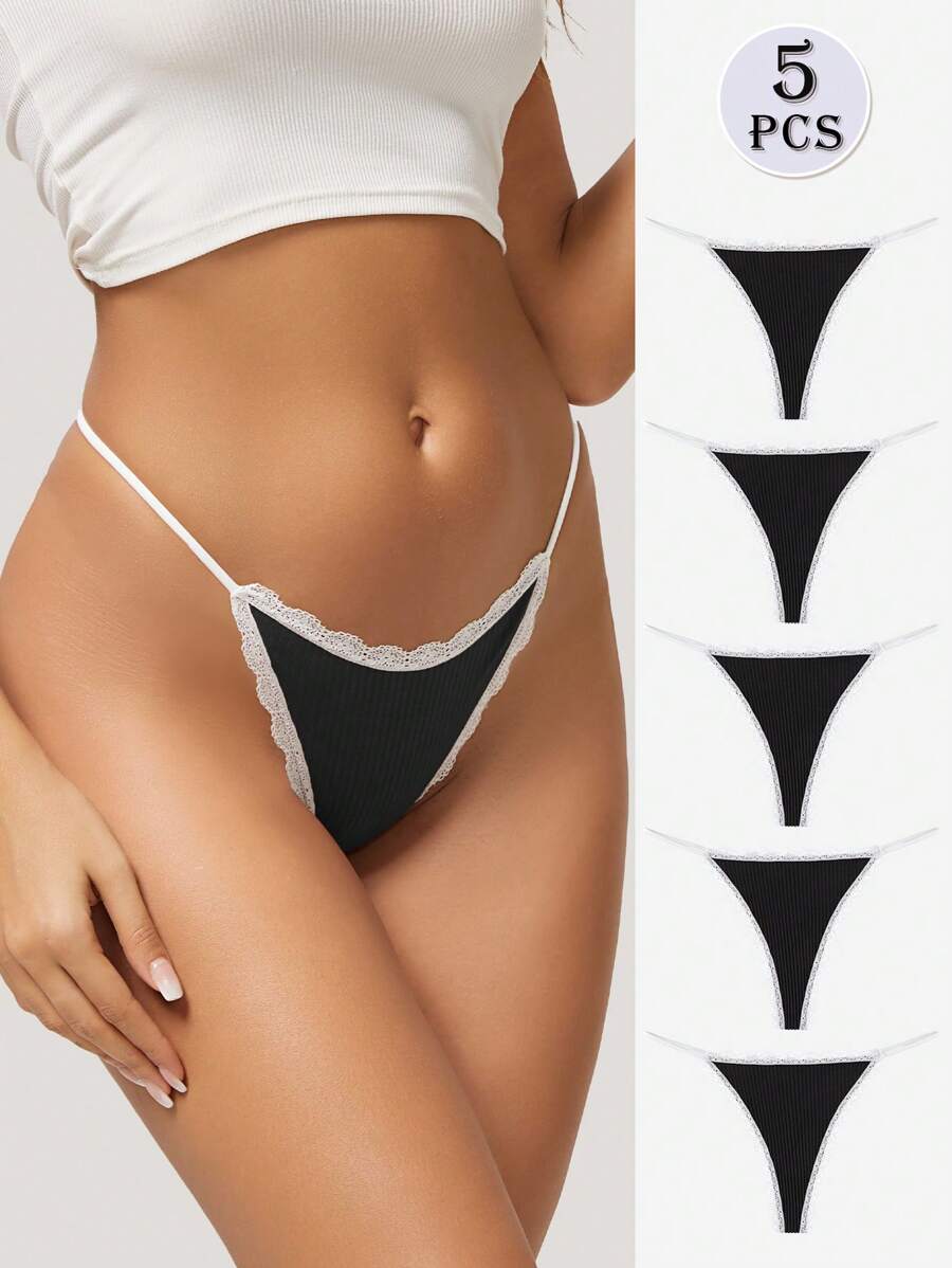 5Pcs/Set Women's Cotton Panties Lingerie Sexy Black Thongs Ladies Panties Underwear With Lace