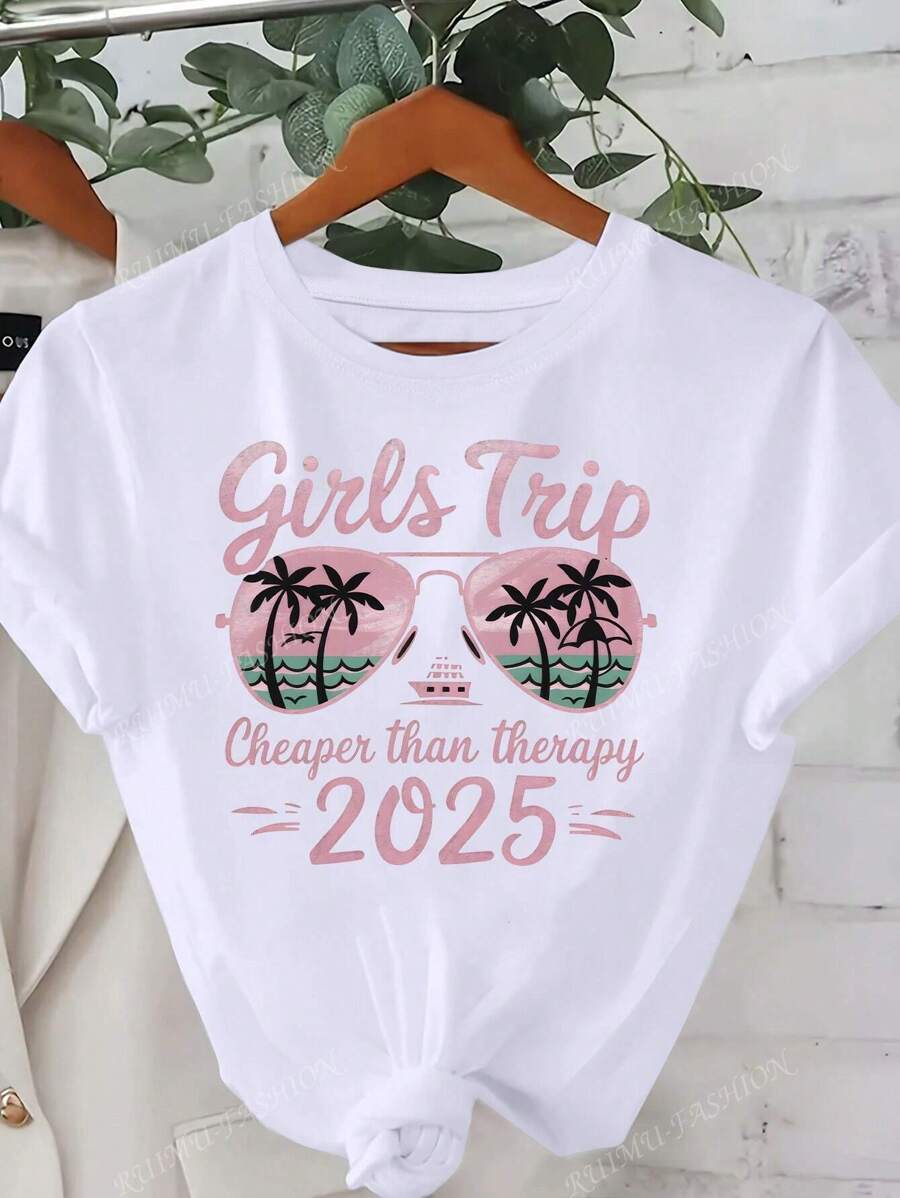 Women's Girls Trip Printed T-Shirt, Palm Tree Sunglasses Design, Vacation Style Suitable For Beach, Summertime, Fashion Casual Solid Color Short Sleeve Crew Neck Top