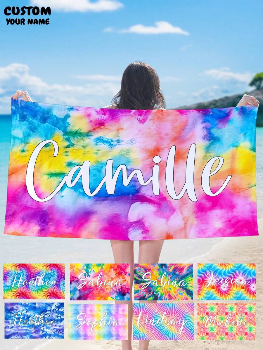1pc Customized Text/Name Printed Microfiber Beach Towel, Quick Dry & Absorbent, Suitable For Sunbathing, Travel, Gym And Outdoor Activities. Multifunctional Lightweight Beach Towel, Essential Beach Accessory Summer Holiday Bathroom Decor, Multi-Functional, Durable, Ornamental, Reusable, Exquisite, Stylish, High-Quality, Colorful, Modern, Office, For Anniversaries, For Valentine's Day, For Mother's Day, For Birthdays, For Father's Day, For Graduation, For Weddings, For Housewarming Beach Essentials