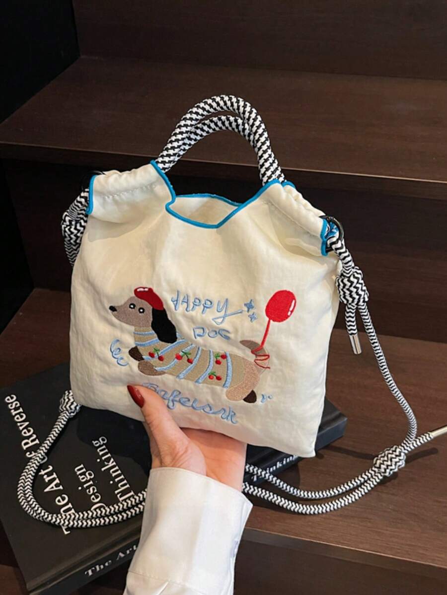 Fashionable Cartoon Dog Mini Crossbody Bag For Women, Versatile Handbag, Contrast-Color Embroidery Commuter Shoulder Bag, Phone Pouch