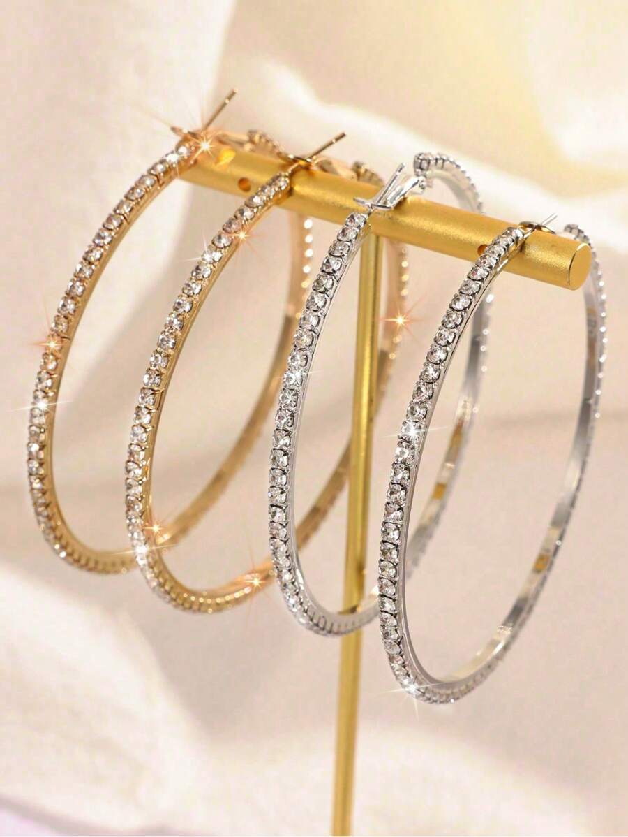 Conjunto de 4 piezas de pendientes de aro de metal dorados y plateados con decoración de diamantes de imitación, elegantes y minimalistas, adecuados para vacaciones, citas y uso diario para mujer