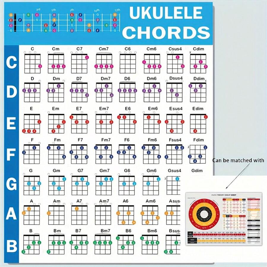 Fișe de acorduri pentru ukulele - Poster cu acorduri pentru ukulele pentru începători, Diagramă cu acorduri pentru ukulele, Diagramă cu cercul cvinților, Diagramă cu acorduri pentru ukulele pentru teorie muzicală, Fișe de acorduri pentru ukulele - Pentru începători - Hârtie - Cadou perfect pentru iubitorii de muzică și jucătorii de ukulele