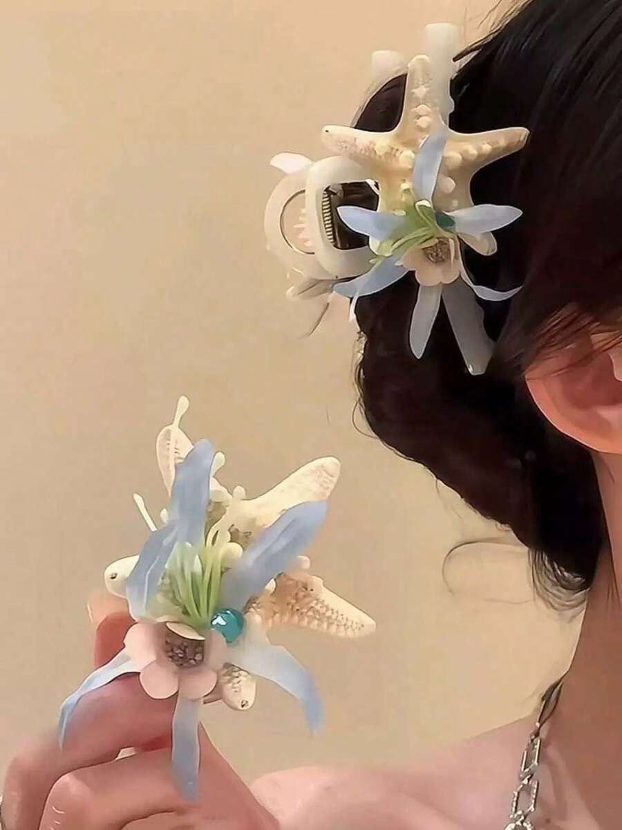 1pc Ocean Theme Hair Clip With Faux Flower, Starfish And Shell Decor Hair Accessory, Double-Sided Flower Hair Claw Clip, Suitable For Daily Life, Vacation, Party Hair Jaw Clip