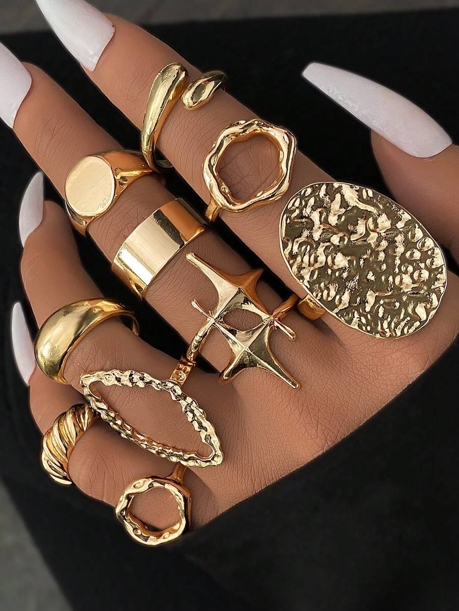 10 Pairs Fashion Unique Metal Asymmetrical Exaggerated Design Rings Set, Elegant & Versatile For Daily Wear, Women