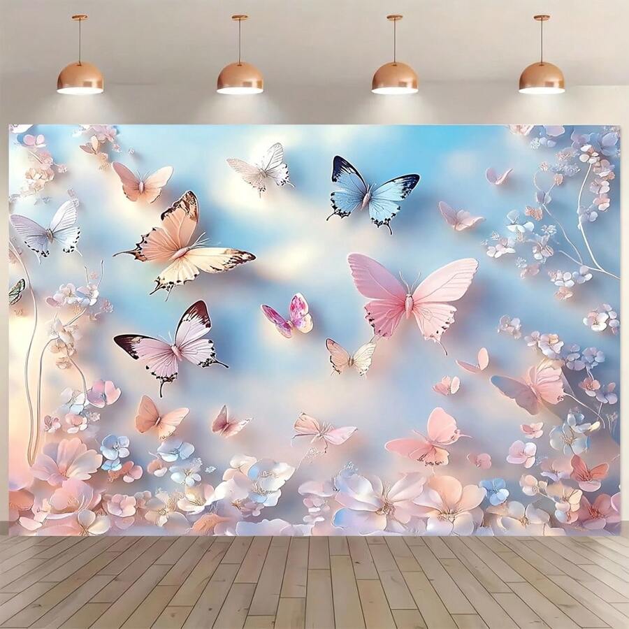 1pc Polyester Butterfly & Pink Flower Wall Backdrop, Dreamlike Photography Background, Electricity-Free, Easy To Hang, Suitable For Indoor And Outdoor Decor