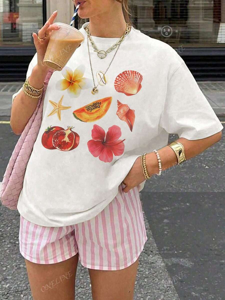 Women's Spring Summer Y2K Fashion Casual Versatile Vacation Solid Color Minimalist Style Floral Shell Starfish Fruit Pattern Round Neck Short Sleeve T Shirt