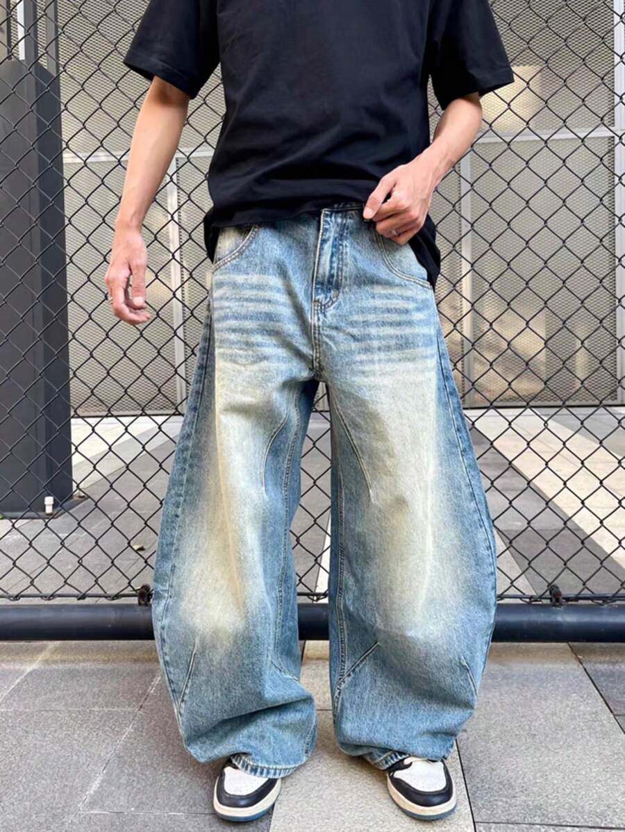 Blugi bărbătești vintage, spălați, albaștri, cu croială dreaptă, pantaloni streetwear casual, stil versatil