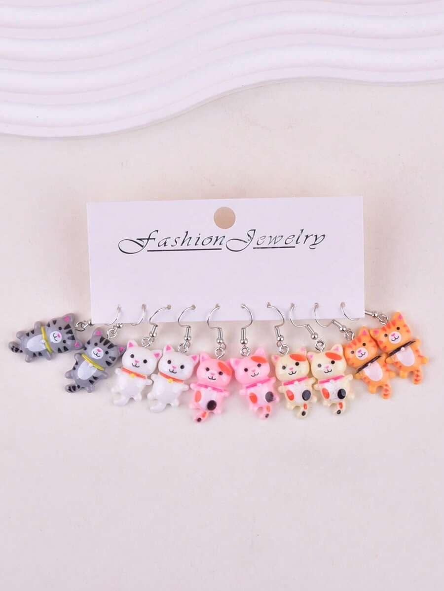 5 Pairs Fashionable Cute Cat Animal Dangle Earrings, Party Jewelry Accessories For Women