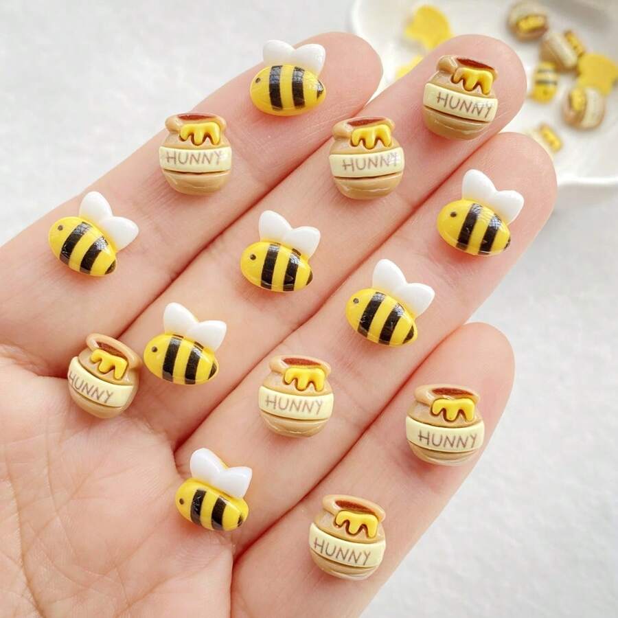 20 piezas de ornamentos de arte de uñas con estatuillas de abeja y tarro de miel de resina vibrante, tipo Kawaii, pintadas a mano, de alta calidad y con parte trasera plana, para manualidades de uñas DIY, decoración de álbumes de recortes y accesorios para joyería