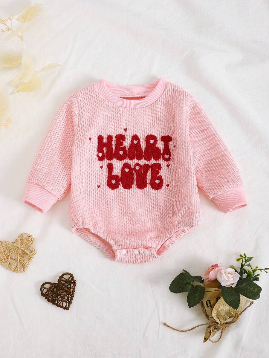 Baby Girl Letter Embroidered Red & Pink Romper, Cute , Must-Have For Babies Aged 0-2 Years Old