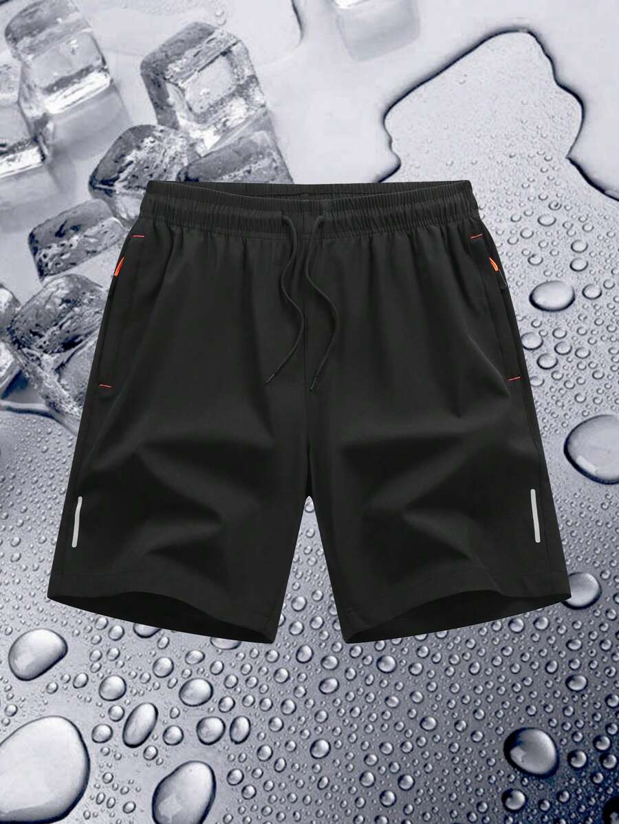 Summer Workout Men's Black Casual Sports Shorts With Adjustable Drawstring And Reflective Details, Suitable For Outdoor Activities Like Running, Hiking, Trekking