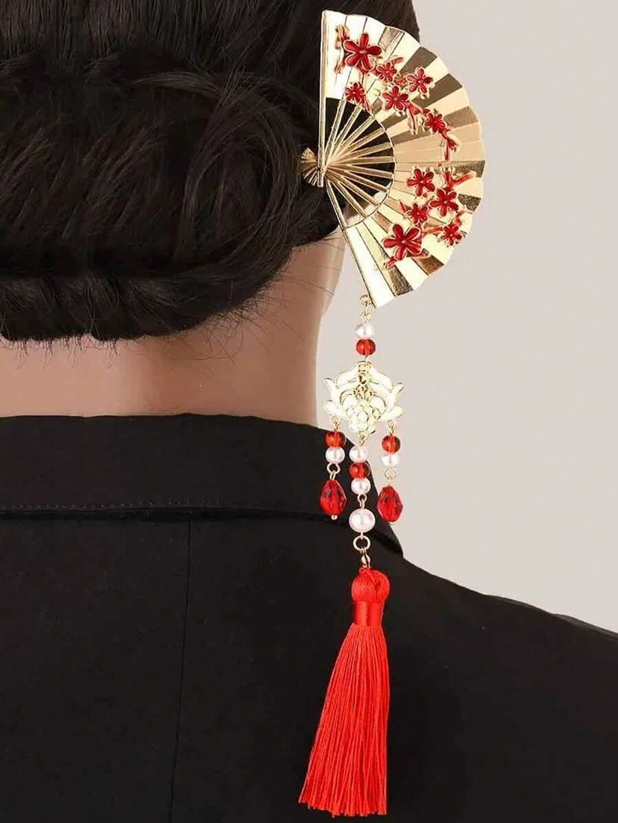 1pc Elegant Hanfu Accessory: Fan Tassel Hair Clip, Traditional Chinese Style Wedding Headpiece Hair Bun Hair Pin Hair Bun Maker Bun Hair Piece Hair Styling Pins