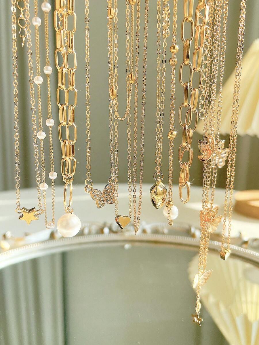 12pcs Fashionable, Simple, Elegant, Exquisite, Retro Style, Heart, Butterfly, Faux Pearl, Rhinestone, Shiny, Star, Moon, Tassel, Metal Design Multi-Layer Pendant Necklace Set, Great For Holiday, Party, Date, Daily Wear, Gift