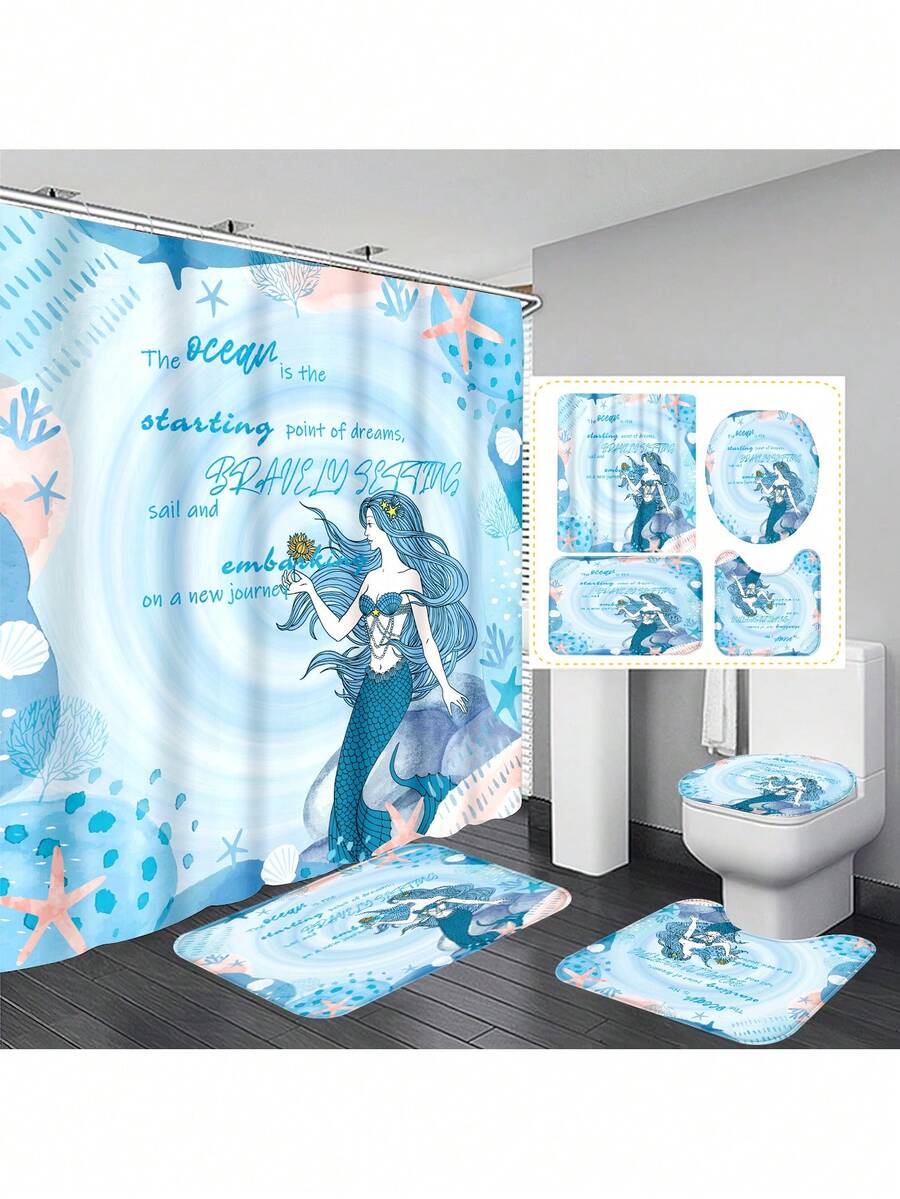 1pc/4pcs Ocean Creatures Multifunctional Bathroom Decoration Set: Waterproof Shower Curtain With 12 Hooks, Anti-Slip Bath Mat, U-Shape Floor Mat, And Round Toilet Seat Cover - Comprehensive Bathroom Solution Bathroom Accessories Back To School