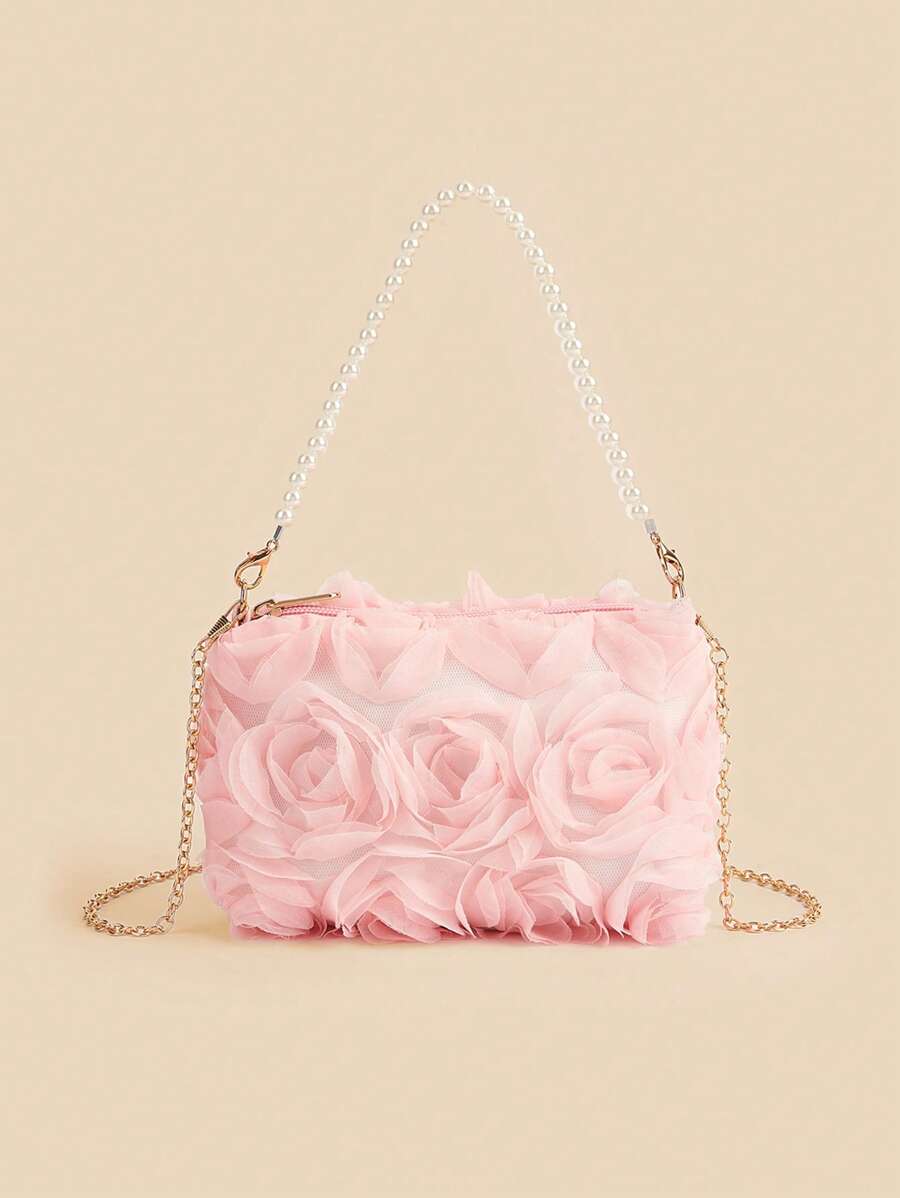 New Pearl Flower Decor Evening Clutch Handbag, Shoulder/Cross-Body Bag For Formal Dresses