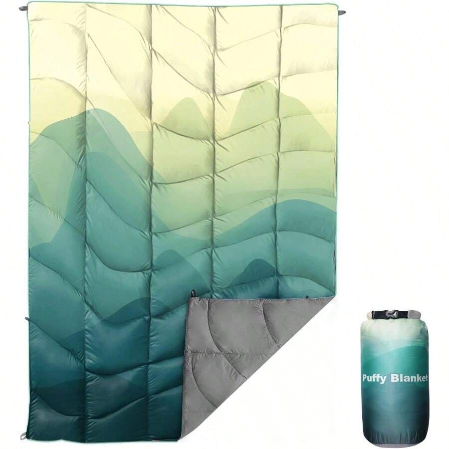Outdoor Puffy Camping Blanket Lightweight Down Alternative Puffy Printed Camping Large Ultra Warm Hammock Top Quilt Waterproof Blanket For Traveling Picnic Beach Party Cold Weather Green Mountain