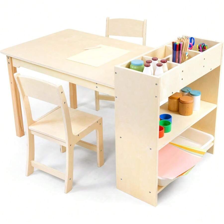 Table d'art pour enfant et 2 chaises, en bois de bouleau, avec espace de rangement, table d'activité pour le bricolage et la peinture, 106 x 58 cm