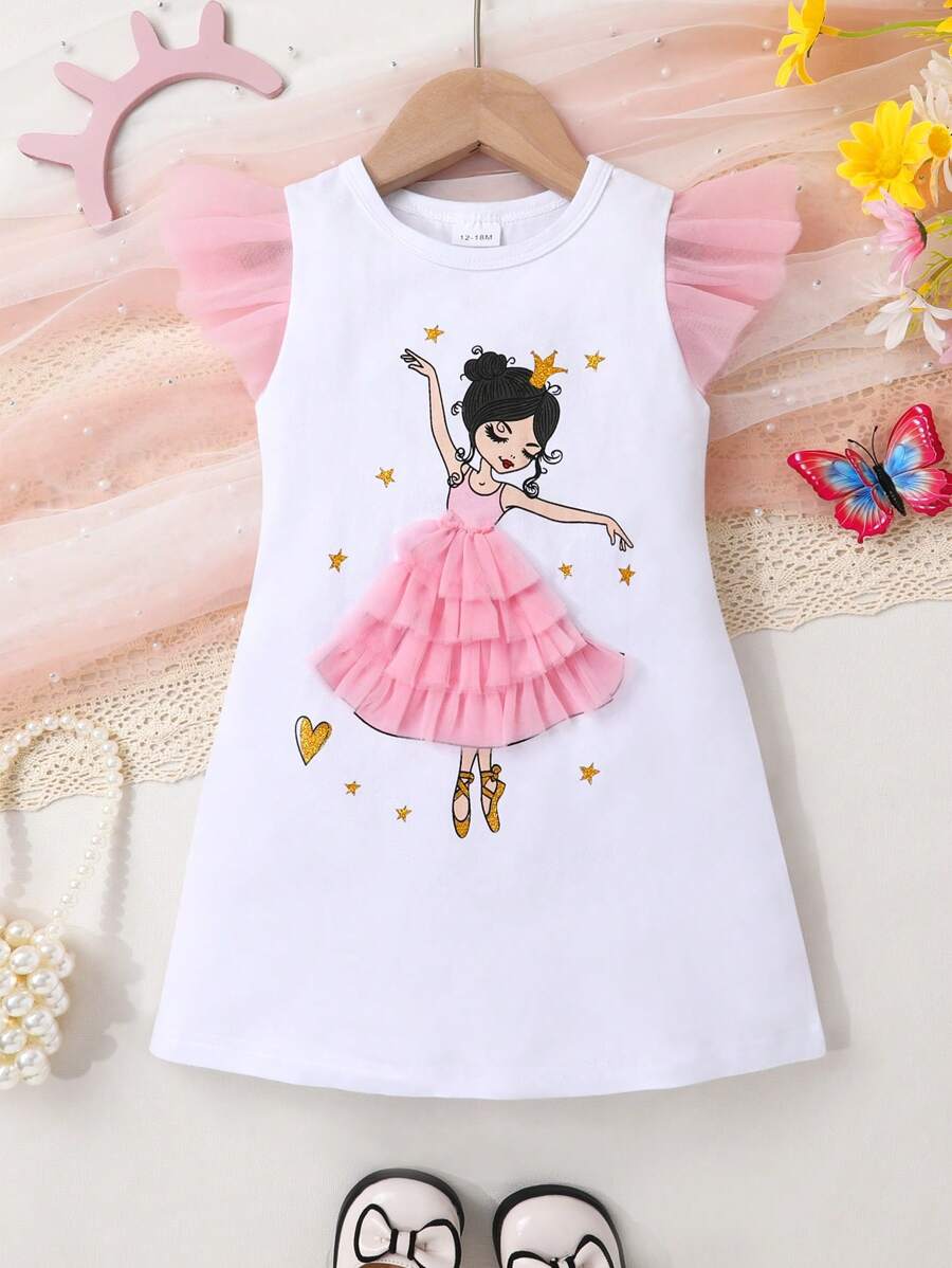 Vestido de niña pequeña para verano, con estampado de niñas de baile, parche de malla con volantes
