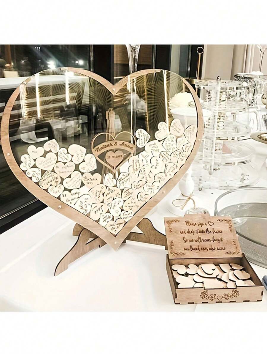 1set Wedding Guestbook Wooden Heart-Shaped Wooden Blessings Decoration Message Board DIY Creative Guest Check-In Book Suitable For Weddings Home Decor Birthdays Bachelor Parties And Graduation Parties Summer Gifts Beach Back To School School Supplies Room Decor