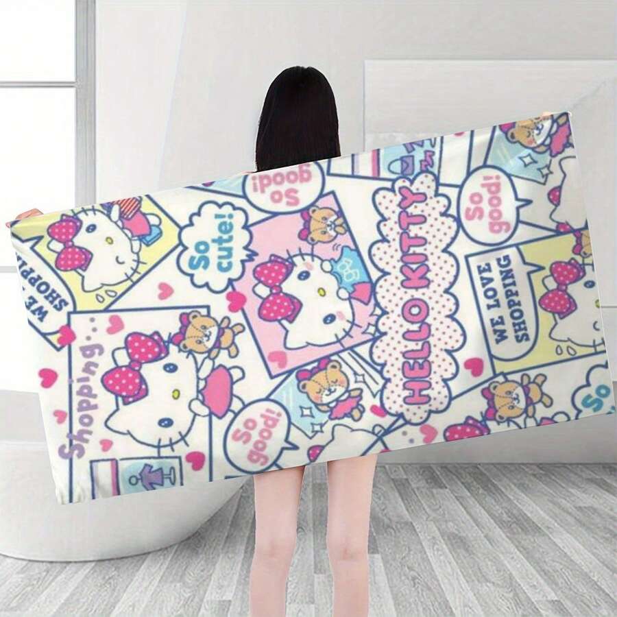 Sanrio 1pc Sanrio Kuromi Hello Kitty My Melody Cartoon Design Beach Towel, Quick-Dry, Cute Cartoon Animal Combo Pattern, Minimalist Style, Single-Sided Printed Hemmed, Essential For Beach/Bath, 70x150cm/80x160cm