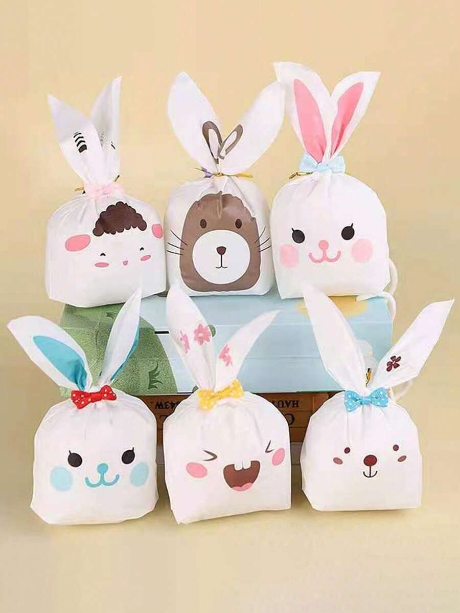 50pcs Candy Bags, Cookie Bags, Gift Bags For Easter, Cute Cartoon Rabbit Ear & Ditsy Floral Pattern, Party Favor Packaging Bags, Gift Bags