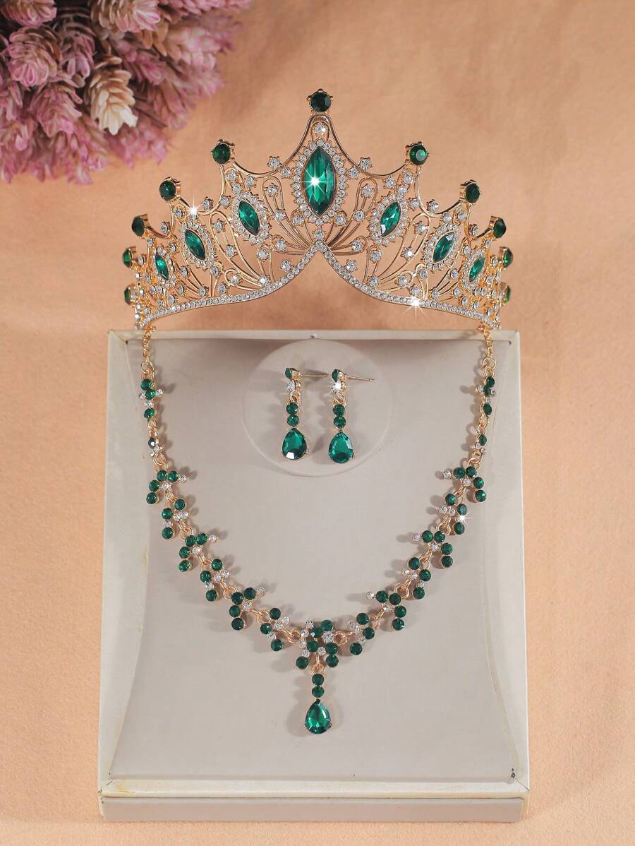 Set de 4 piezas de joyería para niñas con collar y aretes con corona de rhinestone, accesorios de disfraz para fiesta infantil, también es un gran regalo de cumpleaños para una amiga pequeña