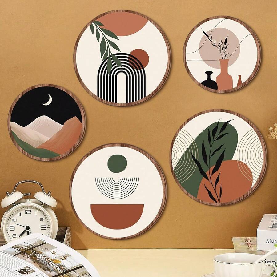 Conjunto de 5 piezas de decoración de pared con arte de plantas de atardecer. Decoración de pared de madera para sala de estar, cartel colgante estilo bohemio, granero, decoración geométrica minimalista para dormitorio