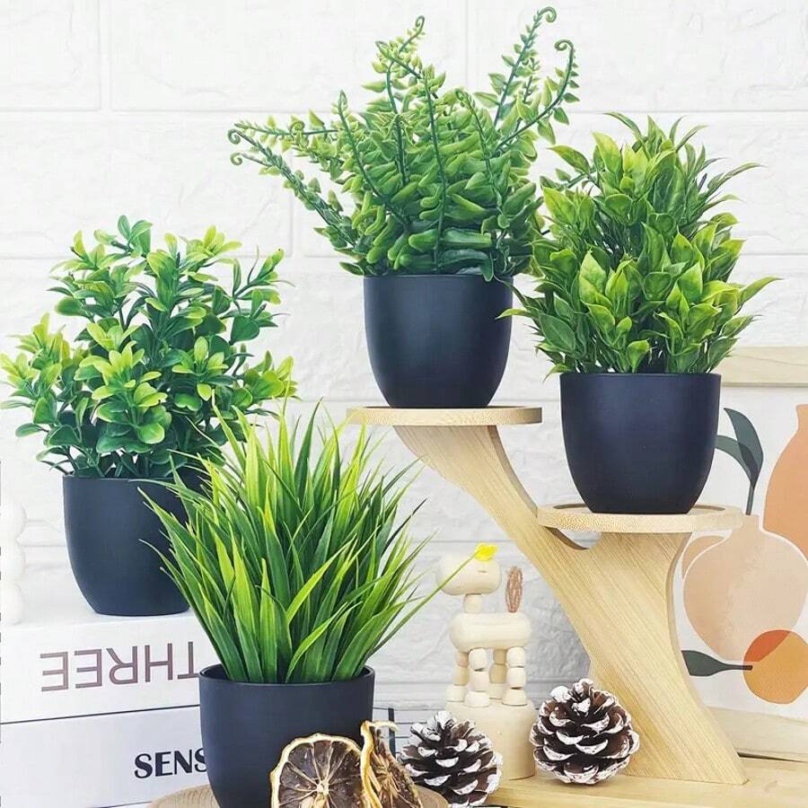 1pc Black Flowerpot Simulation Plants With Small Artificial Plants, Including Indoor Home Decoration, Office, Bathroom And Bedroom Flowerpots, With Plastic Eucalyptus And Miniature Wheat Grass Plants, Which Are Very Suitable For Indoor Desk Artificial Plant Decoration, Valentine's Day And Gifts Birthday Graduation