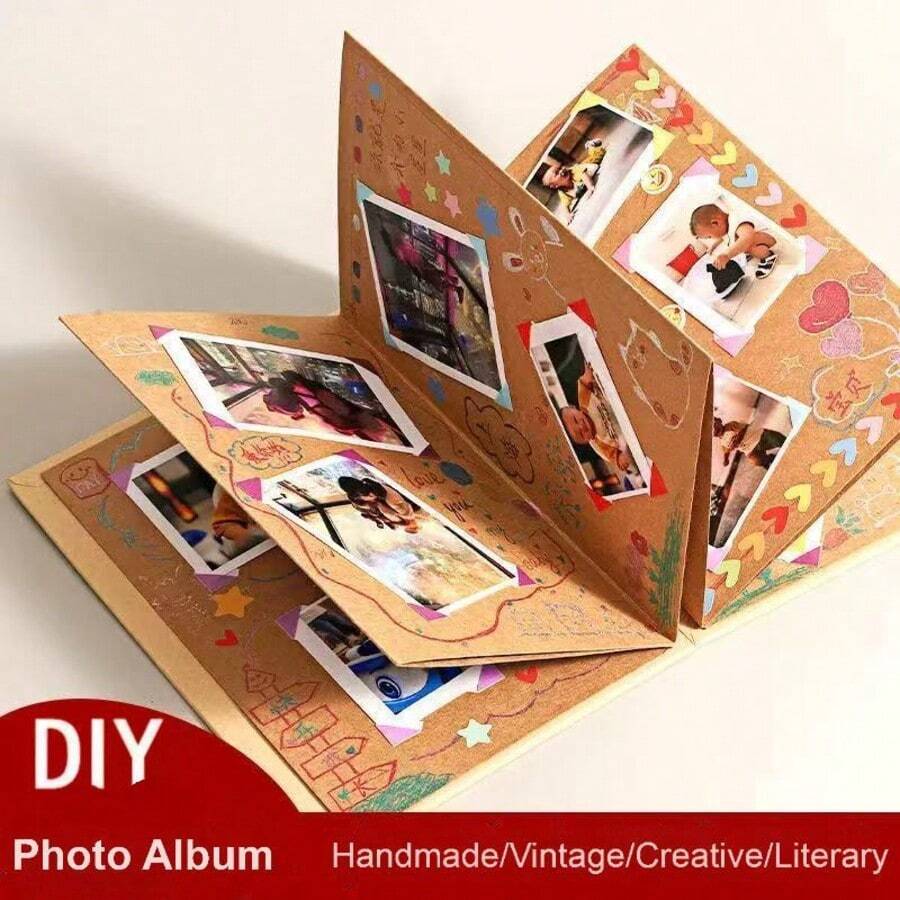 1pc 2025 Graduation Photo Album Scrapbook, For Room Decor, Photo Card Clips, Kpop Album Photo Cards, Gift For Boyfriend, Black Cowhide Paper Pages, 7"X5", 17 Folding Pages, DIY Notebook, Wedding Anniversary Memories, Travel, Guest Book, Christmas, Party, Guestbook, Birthday, Valentine's Day Gift