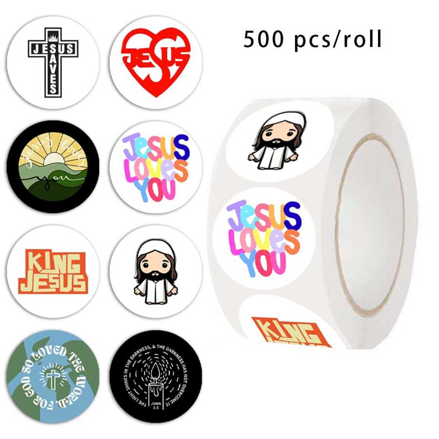 500 pièces Autocollants de Jésus de bande dessinée, sceaux en papier autoadhésifs de 1 pouce, utilisés pour concevoir des séries d'autocollants, pour les fleurs, les cadeaux de desserts, les boîtes décoratives DIY et les étiquettes d'emballage.