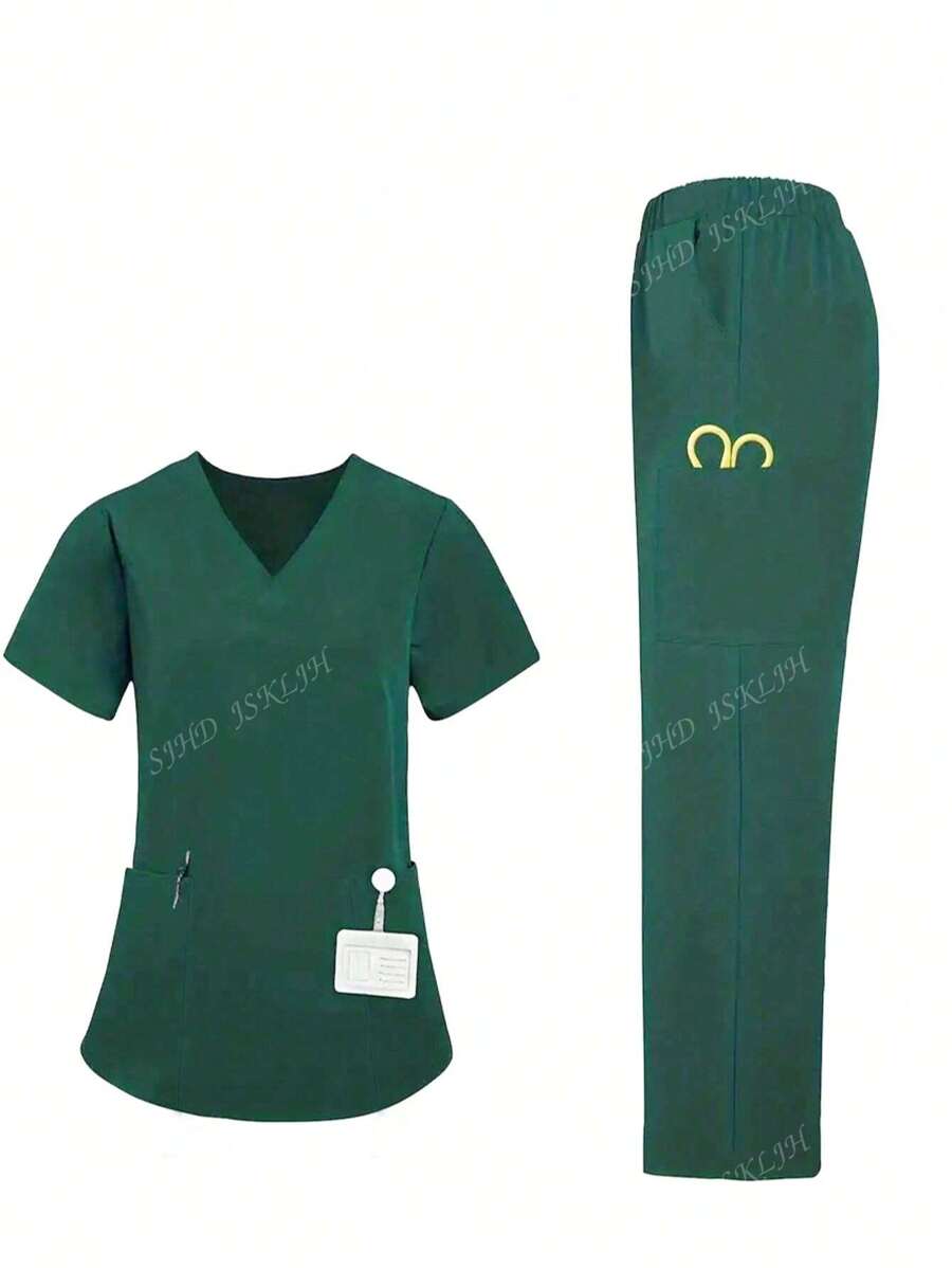 Ensemble uniforme femme top à poche à manches courtes et col en V de couleur unie et pantalon