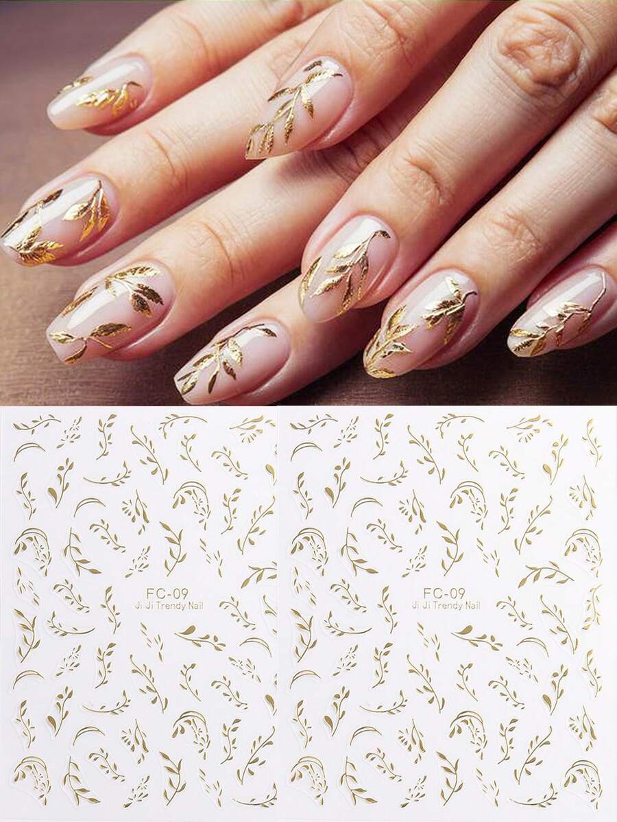 2 pezzi Adesivi per unghie con foglie dorate 3D , adesivi decorativi per unghie di lusso con foglie fai-da-te, decorazione per la manicure, adesivi per unghie diy per salone