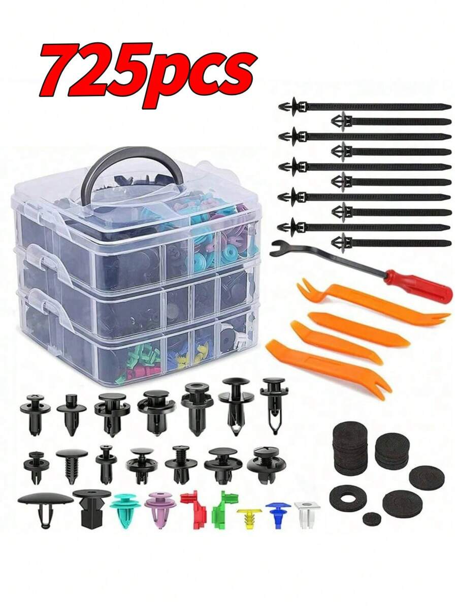 725 Pcs Car Repair Kit - Universal Car Body And Interior Fasteners And Tools Includes Clips, Rivets, Push Pins And Removal Tools - Great For Cars, Trucks And Motorcycles - Comprehensive Set Of 23 Different Sizes , Great For Windshield, Door Trim, Bumper And Repair , Nylon Construction Ensures Long-Lasting Use , Easy To Install And Remove, Car Retaining Clip Kit