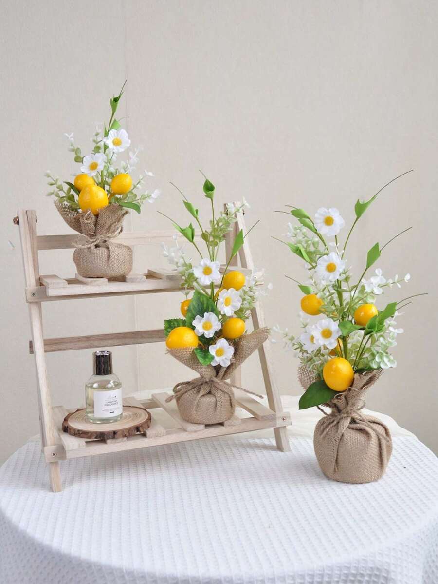 1PC/3PCS Artificial Lemon Tree Mini Potted Plant Fake Lemon Fruit For Dining Table Fireplace Restaurant Kitchen Bathroom Office Home Spring And Summer Decoration