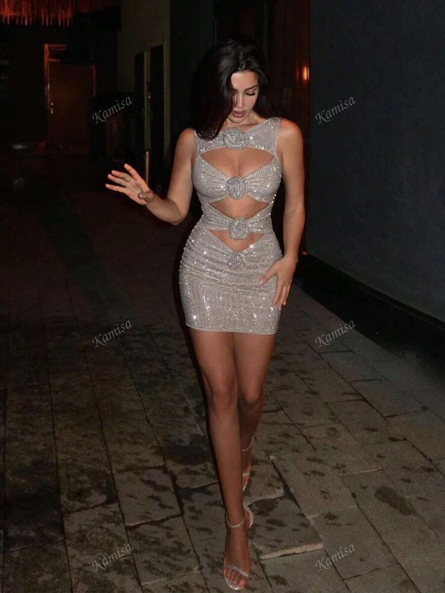 Vestido Curto Bodcon Feito à Mão de Tela Brilhante com Lantejoulas e Vazada, Vestido de Festa Cocktail Sexy de Ajuste Justo com Decoração de Flor e Strass, Vestido de Convidado de Casamento, Formal, Noite